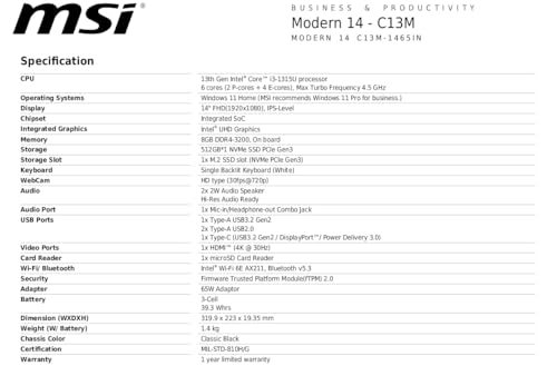 Image of MSI Modern 14, Intel 13th Gen. Core i3 1315U,14 inch Inch (36CM) FHD 60Hz Thin & Light Business Laptop (8GB /512GB NVMe SSD /Windows 11 Home /Intel UHD /Classic Black /1.4Kg), C13M-1465IN