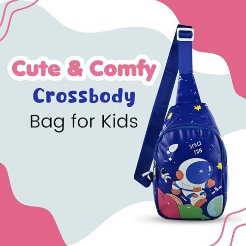 Image of Kids Space Theme Crossbody Chest Sling Bag, Navy Blue with Astronaut Print, Adjustable Strap, 17x13x6.5 cm, Perfect for School and Picnics