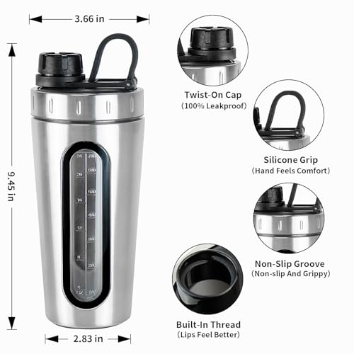 Image of Shaker Bottles for Protein Mixes 28 oz Stainless Steel Protein Shaker with Mixing Ball, Not Stays Cold /Hot, Visible Window Metal Shaker Cups, Leakproof, BPA Free Bottle Shaker 950 ml