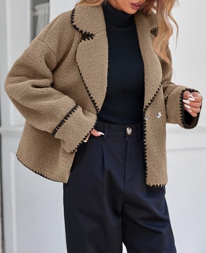 Cicy Bell Womens Sherpa Fleece Jacket Casual Collar V Neck Fuzzy Coats Contrast Trims Open Front Winter Outwear3