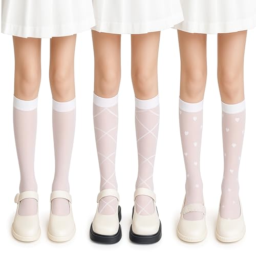 KWJEIULSOQ 3 Paar Kniestrümpfe Damen 3 Stile Drucken Kniestrümpfe Weiß Atmungsaktiv Dünne & Elegante Lange Knie Socken für Lässig Party Laufen Fußball Cheerleading Tanz
