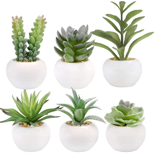 GREENTIME 6 Pcs Mini Artificial Succulents Plants in Ceramic Pots Small Fake Succulent Faux Plant Indoor Decor Bedroom Desk Bathroom Office Living Room Table Shelf Teacher Appreciation Green White
