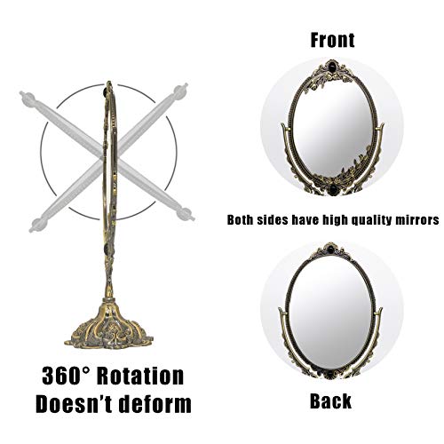 Hohiyo Vintage Makeup Desk Mirror With Wood Comb, Two Sided Swivel Tabletop Antique Oval Mirror With Metal Embossed Frame And Stand For Bathroom Bedroom Mirror (Small&Antique Bronze) #TOP4