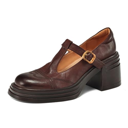 Women's Leather Wingtip Chunky Heel Mary Janes Comfort Round Toe T-Strap Platform Block Heel Retro Dress Shoes Party Evening Dating Mary Jane Pumps