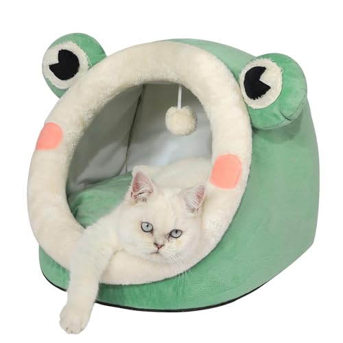 Jiupety Cute Cat Bed, Indoor Lovely Velvet Igloo for Cat and Small Dog, Warm Cave Sleeping Nest Bed for Puppy and Kitten, Green Frog, M