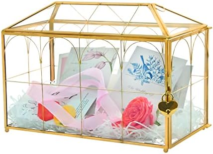 Large Gold and Glass Card Box for wedding with Lock and Slot - Wedding Envelope Card Holder for Reception Clear Lock Box with Key Geometric Handmade Vintage Card Box for Wedding Party or any Ceremony