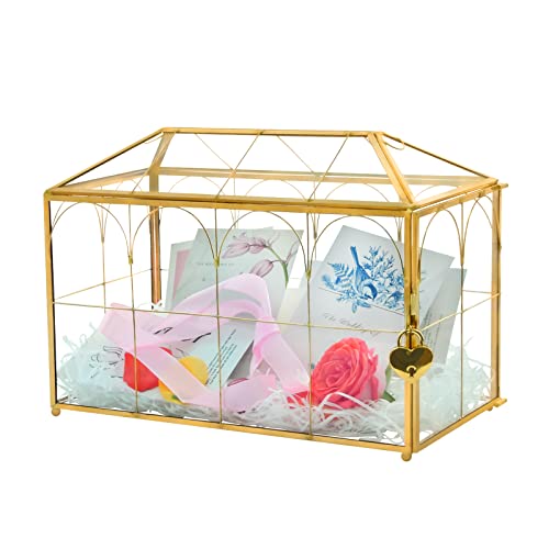 Large Gold And Glass Card Box For Wedding With Lock And Slot - Wedding Envelope Card Holder For Reception Clear Lock Box With Key Geometric Handmade Vintage Card Box For Wedding Party Or Any Ceremony #TOP13