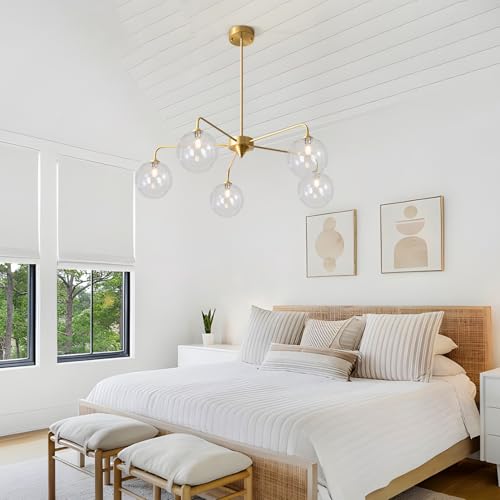 Image of Mid Century Modern Sputnik Chandelier Brass 5 Light Gold Chandelier Clear Glass Globe Sputnik Chandelier for Dining Room Bedroom Kitchen