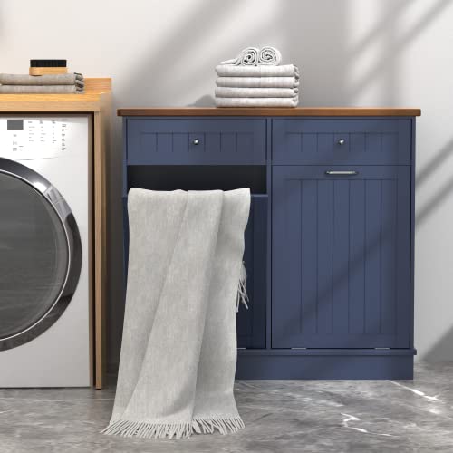 Tilt Out Trash Cabinet,Antique-Style Beadboard Kitchen Island with Solid Wood Tabletop & Drawer, Pet Proof Trash Can, Wood Laundry Cabinet (Blue, Double Door)