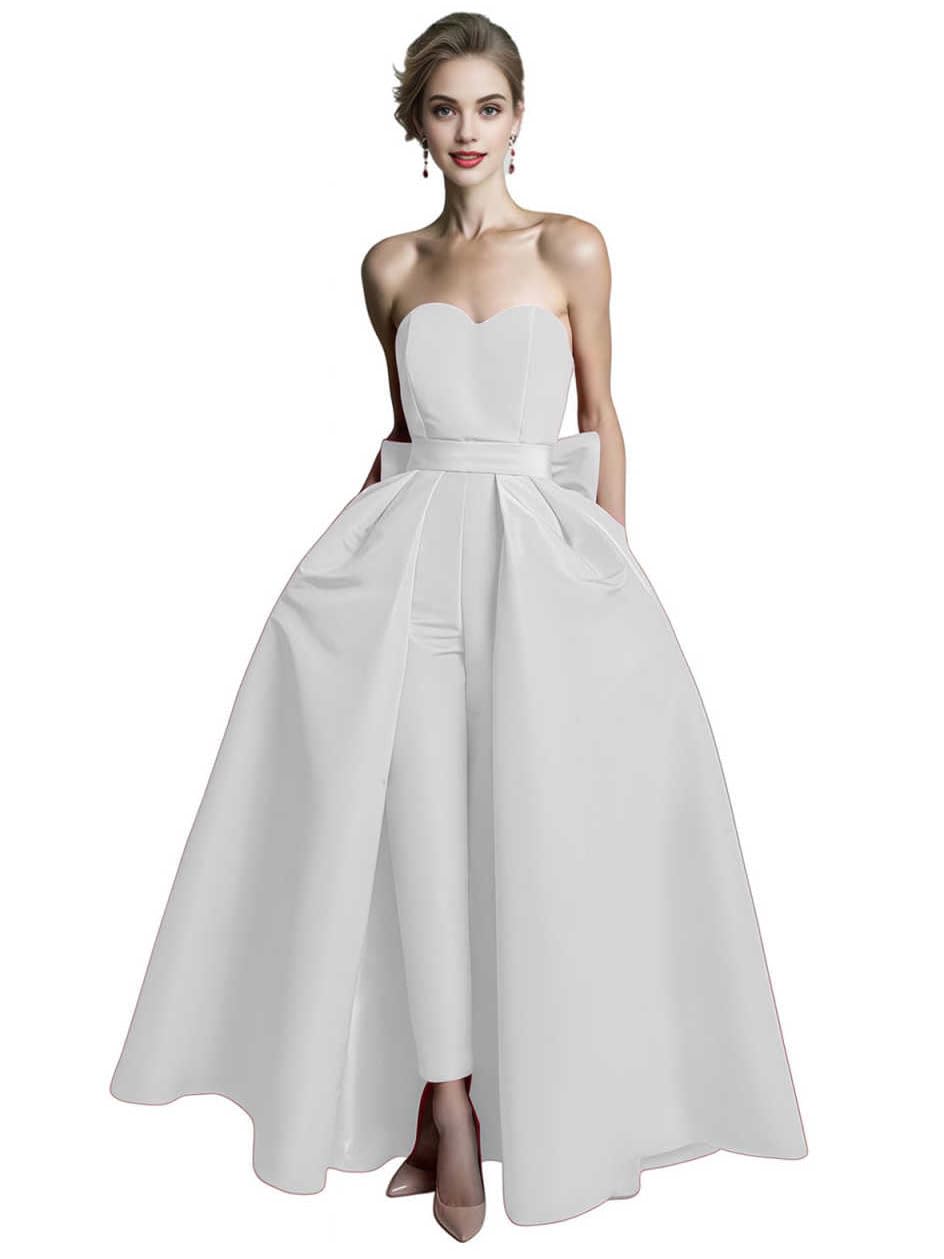GlmrCkic Elegant A-line Jumpsuits Sweetheart Wedding Guest Satin Sleeveless Evening Dresses with Bow
