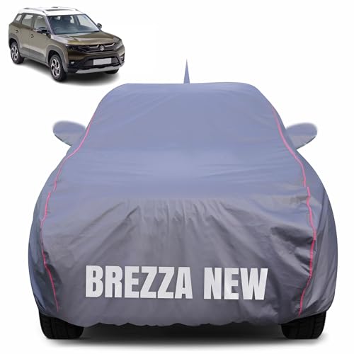 Image of 100% Waterproof Car Body Cover for Maruti Suzuki Brezza New with Mirror Pocket (Heat & UV Resistant, Triple Stitched, Soft Lining, Bottom Elastic & Piping) Grey