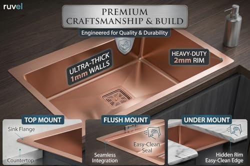 Image of RUVEL Kitchen Sink 24 inchx18 inchx9 inch | Premium Handmade 304 Grade Stainless Steel Single Bowl | Heavy Duty, Rust & Scratch Resistant | Includes Waste Coupling, Drain Rack & Hose Pipes | Rose Gold