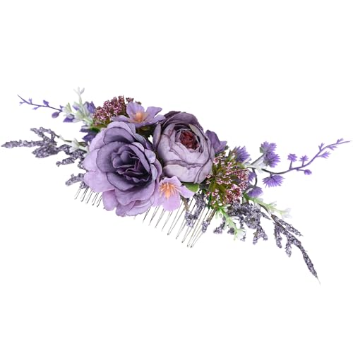 PartyforU Peigne à cheveux à fleurs violettes pour femme, fait à la main pour mariage, demoiselle d'honneur, bal de fin d'année, fête prénuptiale, séance de maternité