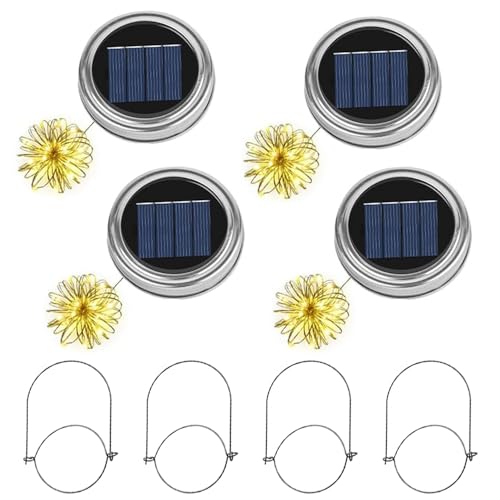 KBIBCK 4 Stück Solarleuchten Ersatzteile, Mason Jar Laterne Deckel, Solar Mason Jar Light, Solarlampen für Außen Hängend mit 30 LED-Lampen & Aufhängern, Einmachglas-Deckel-Licht für Garten Baum Balkon