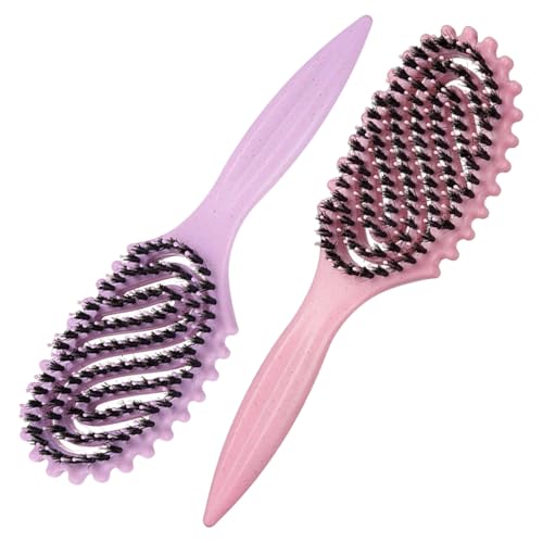Qu She Curl Defining Brush, Boar Bristle Hair Brush & Detangling Brush Set for Women & Men, 2PCS with Hollow Design for Curly Hair, Smoothing & Slick Back Styling, Gentle on Scalp(Pink+Purple)