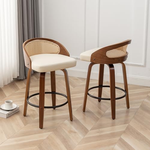 Image of 24.8 inch Swivel Rattan Bar Stools,Mid-Century Modern Beige Leather Upholstered Counter Height Stools,Kitchen Island Barstools with Rattan Low Backrest,Walnut Wood Finish Bar Chair,1PCS