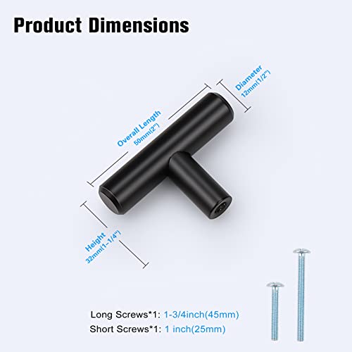 KNOBWELL 25 Pack Black Cabinet Pulls Solid, Stainless Steel Modern Cabinet Pulls Round T Bar Kitchen Cabinet Handles Dresser Drawer Knobs - Single Hole 2"