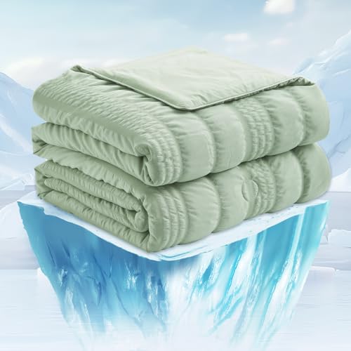 Cozy Bliss Seersucker Cooling Comforter Twin Size, Q-Max 0.4 Reversible Lightweight Cooling Blanket, Breathable Silk Smooth Summer Bedding Quilt for Hot Sleepers Night Sweats Sage Green