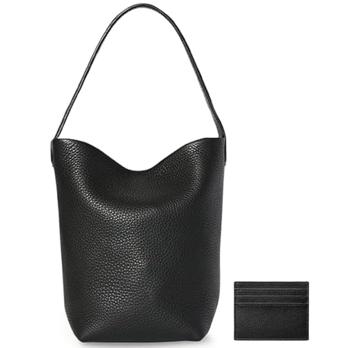 Genuine Leather Bucket Bag with Credit Card Holder Wallet First Layer Pebble-grained Calfskin Tote Bag Leather Handbag with Cotton Insert Pocket (Black Small)