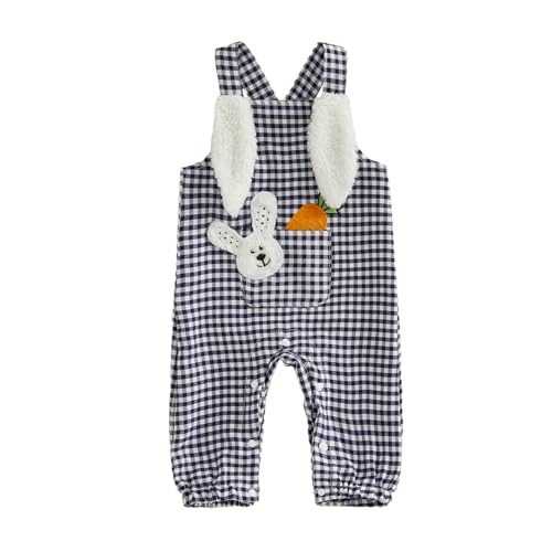 Ledy Champswiin Baby Boy Girl Easter Clothes Cute Newborn Overalls Bunny Embroidery Bib Pants Infant Easter Outfit (Blue Plaid, 18-24 Months)