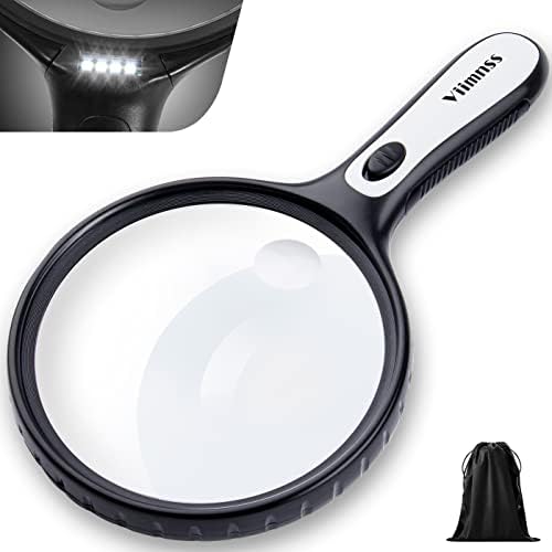 Magnifying Glass with Light, Large Magnifier Handheld Illuminated Lighted Magnifier with LED Lights Storage Bag Clean Cloth for Seniors Reading, Inspection, Exploring (Black#1)