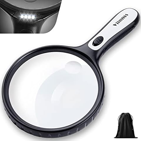 Lupe mit Licht, große Lupe 5X 15X Handlupe Leselupe beleuchtete Lupe mit 4 LED Leuchten Aufbewahrungstasche Sauberes Tuch für Senioren zum Lesen, Inspizieren, Erkunden (Black#1) Cover