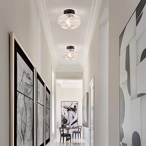 Semi Flush Mount Ceiling Light,Black Hallway Light Fixture,Globe Glass Close To Ceiling Light,Vintage Indoor Hanging Light,Farmhouse Pendant Lamp For Kitchen Entryway Bathroom Porch,Bulb Not Included #TOP1