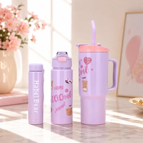 Image of Large Handle Water Bottle with Straw for Desk, Office, Travel - 1200 /900 /300 ML Gradient & Matte Hydration Bottle Set (Light Purple)