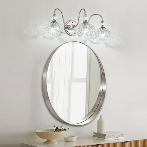 Image of Brushed Nickel 3-Light Bathroom Vanity Light with Floral Clear Glass Shades, Brushed Nickel Wall Mount Lighting for Bathroom, Dressing Table