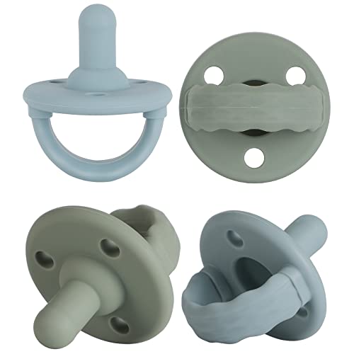Image of Soother Pacifier,Food Grade Silicone Pacifiers with Handle & 3 Holes for Added Safety, BPA Free, 4-Pack (Sage x2 / Ether x2)
