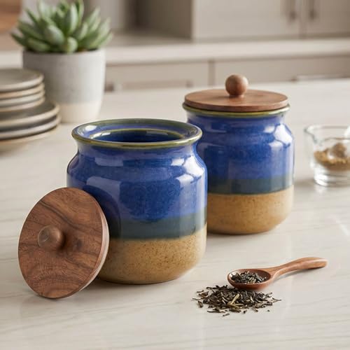 Image of The Earth Store Rustic Blue Ceramic Jar Set of 2 (800ML) kitchen storage containers, airtight jars for kitchen, Ideal for Spices, Sugar, Cookies & Pickle Storage
