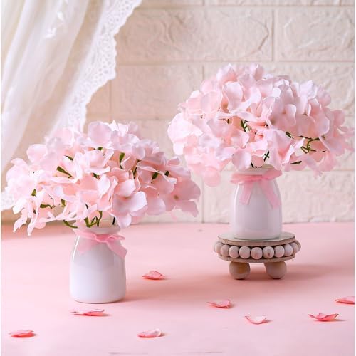 Geelin 2 Set Artificial Hydrangea Flowers with Glass Vase Faux Silk Hydrangeas Flowers Heads with Stems Floral Bouquets Vase Gifts for Home Wedding Baby Shower Centerpieces Table Decor(Pink)