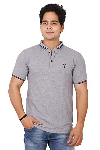 Image of Basilio Cotton Blend Polo Neck Half Sleeve Contrast Half Placket Regular Fit Button Down T-Shirt(Tee) for Men