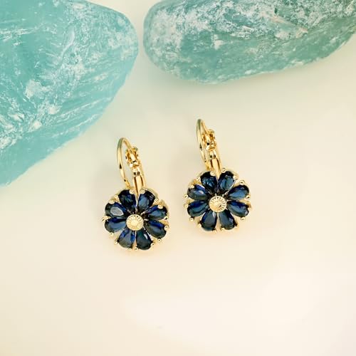 Sapphire Flower Earrings for Women, 14K Gold Plated Leverback with Blue Crystals, Hypoallergenic Dainty Jewelry - Image 6