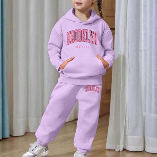 Girls Sweatsuit Set - 2 Piece Brooklyn Letter Print Graphic Pullover Hoodie Sweatshirt and Sweatpants Jogger Sets 2-13Years2