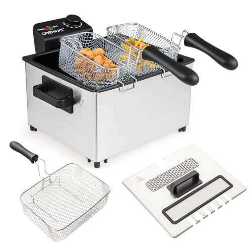 COSTWAY Freidora Eléctrica Visible 2000W, Freidora de Aceite de Acero Inoxidable 5L con 3 Cestas (1 Grande + 2 Pequeñas), Temperatura Ajustable hasta 190°C, Tapa con Ventana, Aptas para Lavavajillas