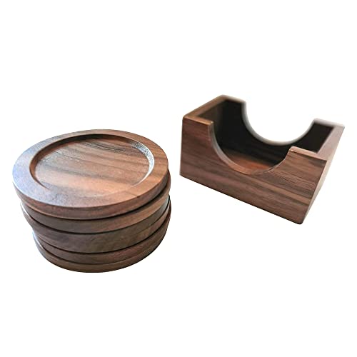 Lilymeche Concept Walnut Wood Drink Coasters With Holder & Wood Coffee Stick, Wooden Coaster Set, Suitable For Coffee Cups, Beer Glasses, Mugs, Wine Cup (4 Inch-6 Pieces) #TOP6