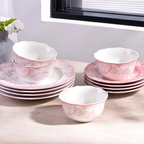 222 Fifth Adelaide Blush 12-Piece Pink Porcelain Dinnerware Set – Service for 4, Big Dinner Plates and Bowls Sets, White with Pink Floral Pattern, for Daily Entertainment, Microwave & Dishwasher Safe