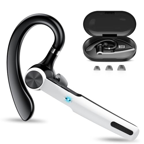 Manos Libres Auricular Bluetooth V5.3 con ENC Micrófono, Pinganillo Bluetooth Movil con Carcasa de Carga LED, 60H Hablar Auricular Inalámbrico Bluetooth con Ganchos Para Negocios/Oficina, Blanco
