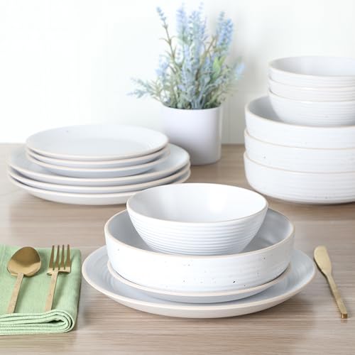 Image of Gibson Home Dinah 16-Piece Matte White Stoneware Dinnerware Set - Double Bowl, Embossed Speckled Design, Durable Kitchen Dinnerware