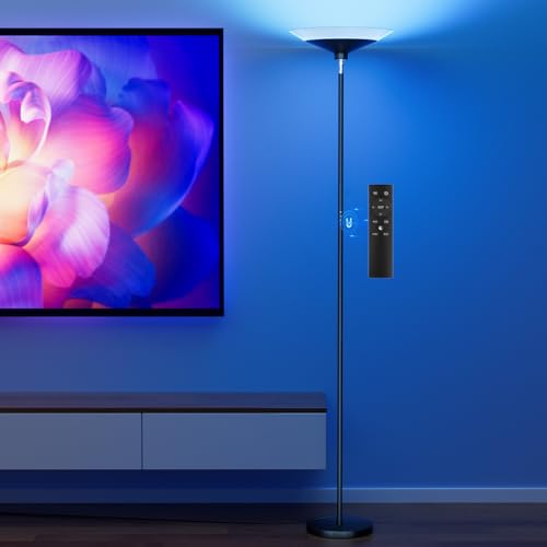 Image of SIBRILLE RGB Torchiere Floor Lamp - 30W Dimmable LED Standing Lamp with Remote, Multi Color Changing, 72in Tall Corner Light, Bright Standing Pole Light for Office Living Room Bedroom Basement, Black