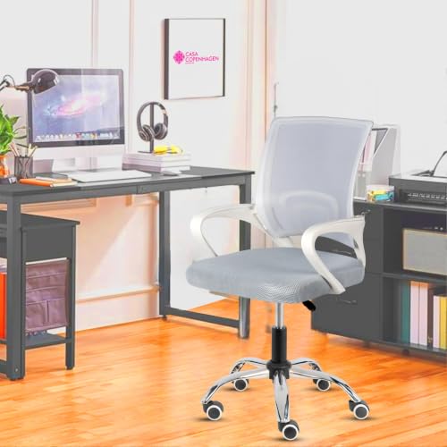 Image of Casa Copenhagen Mesh Mid Back Office /Study /Computer /Revolving /Desk Chair for Work from Home -Metal Base, Height Adjustable Seat - Solid Grey & White Handle