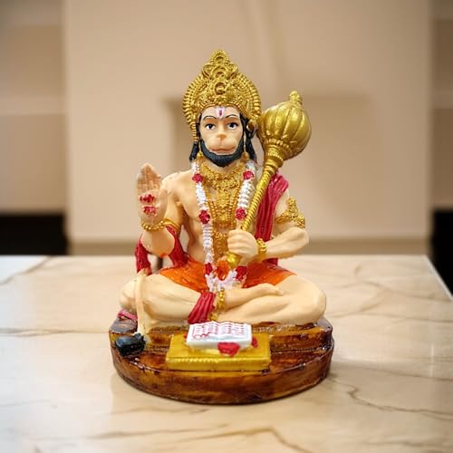 Image of RIANZ Resin Blessing Hanuman Ji God Idol for Car Dashboard, Home Mandir & Office Desk | Bajrangbali Murti with Gada | Compact Spiritual Decor (9cm x 6.5cm) (Multicolor)