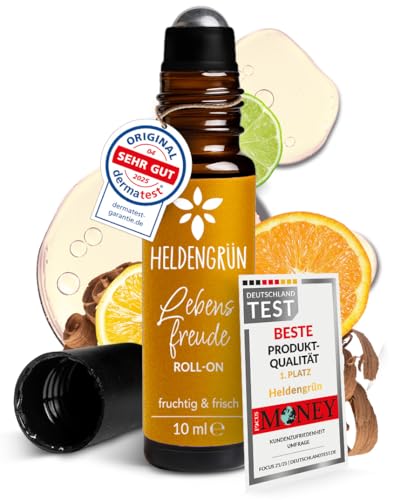 Heldengrün® BIO Roll-On 'Lebensfreude' [100% NATURREIN] Dermatologisch getestet - 2-in-1: Duft & Pflege - Aroma Roll On mit Zitrus & Zedernholz - Gute Laune Duft