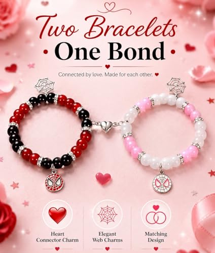 Image of Spider-Man Inspired Couple Bracelets 2pcs - Magnetic Attraction Heart Charm, Glass Beads, Spider Pendant, Marvel Theme Party Accessory, Valentine's Day Gift, Suitable for All Seasons