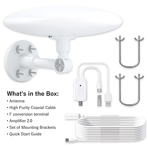 Ausqo Outdoor Tv Antenna 8K 4K 1080P Supports 1000+ Miles Range 360° Omnidirectional Reception Enhance Vhf Uhf Antenna With Added Stability For Outdoor/Attic – 33Ft High Purity Coax Cable(White) #TOP6