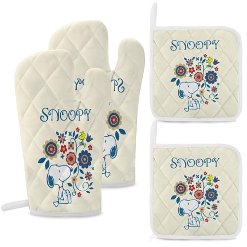 スヌーピー 鍋つかみ ミトン 4点セット オーブンミトン 鍋敷き 耐熱鍋つかみ 耐熱ミトン 耐熱グローブ やけど防止 アウトドア用 業務用 クッキング用 左右兼用 男女兼用 アニメ キャラクター