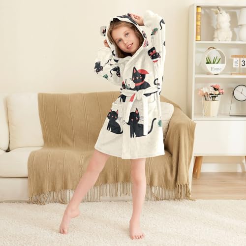 GuoChe Adorable Black Cat Hooded Bathrobe For Girls Kids Robes For Girls Size 6-74