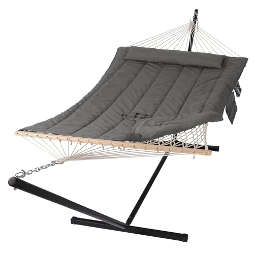 SUNCREAT Double Outdoor Hammock with Stand, Two Person Cotton Rope Hammock with Polyester Pad, Dark Gray