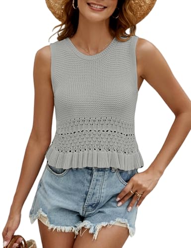 Image of CiCiBird Women Cute Crop Sweaters Vest Knit Sleeveless Pullover Tops Crochet Ruffle Hem Tank